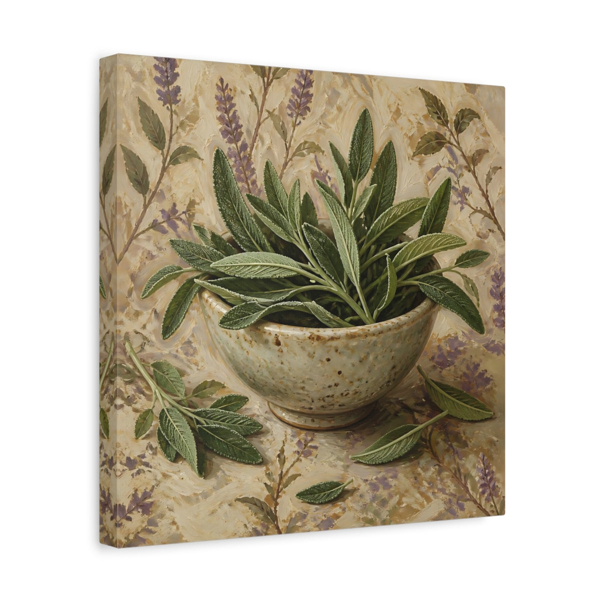 Side Mockup 7. Nature Sage Leaves Green Sage shown as stretched canvas wall art