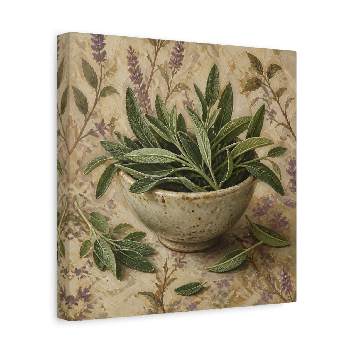 Side Mockup 8. Nature Sage Leaves Green Sage shown as stretched canvas wall art