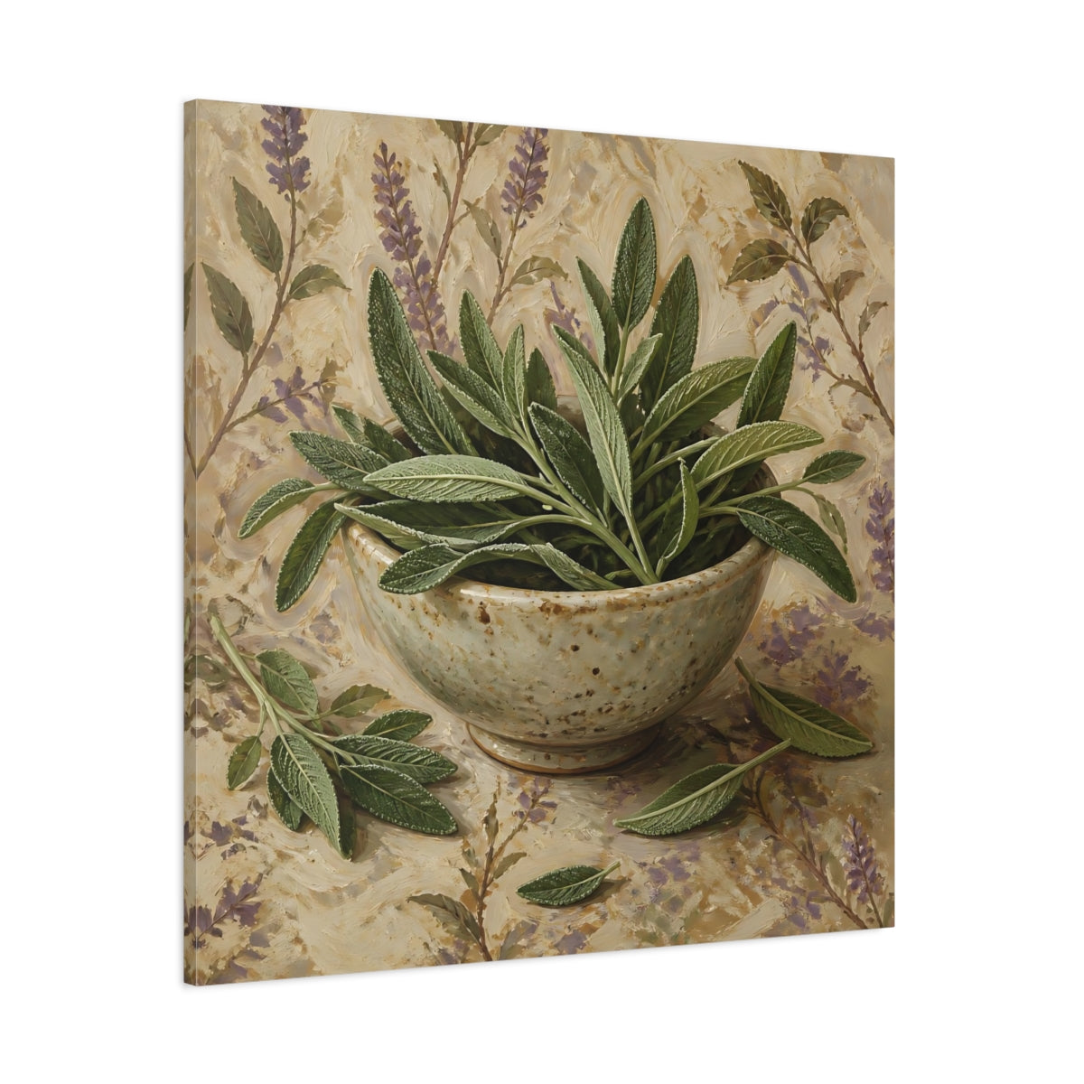 Side Mockup 1. Nature Sage Leaves Green Sage shown as stretched canvas wall art