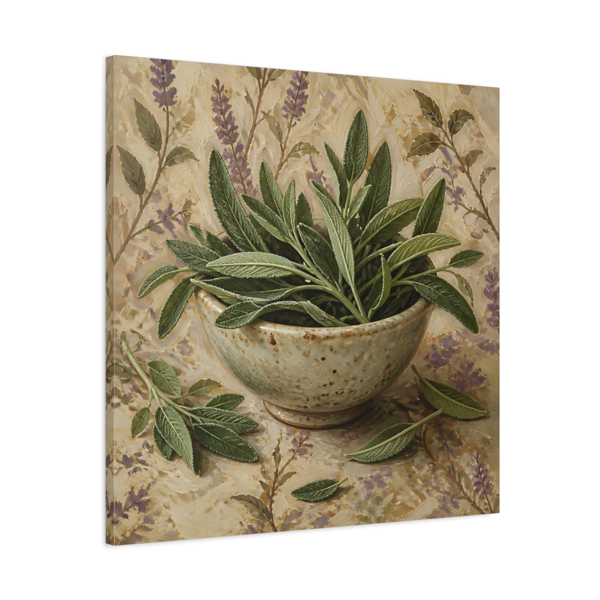 Side Mockup 3. Nature Sage Leaves Green Sage shown as stretched canvas wall art