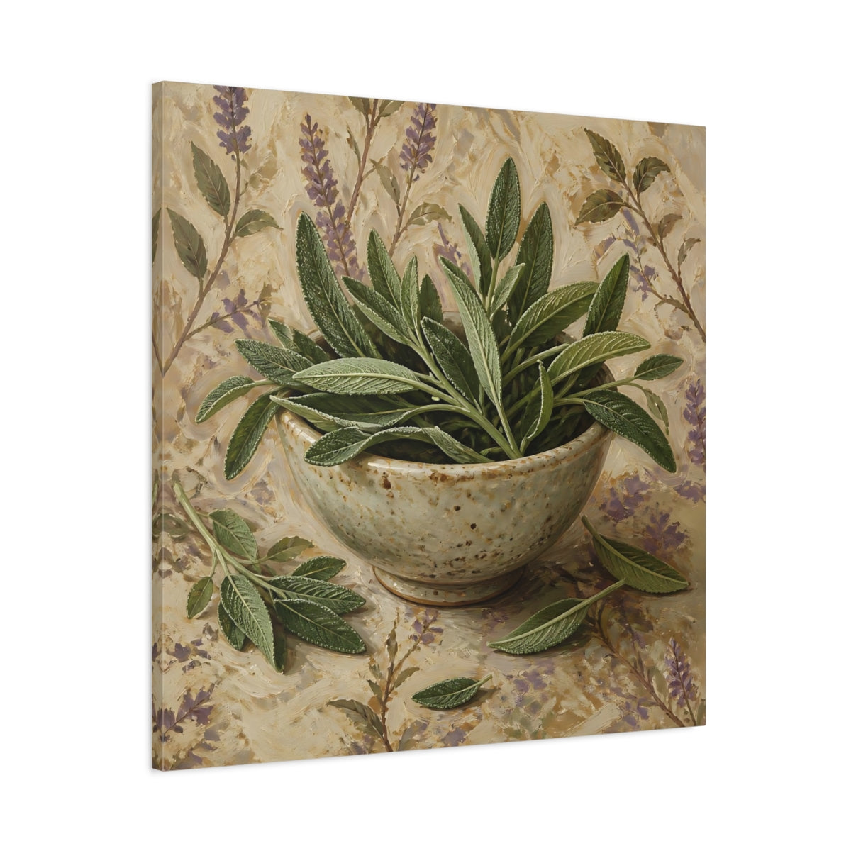 Main Mockup. Nature Sage Leaves Green Sage shown as stretched canvas wall art
