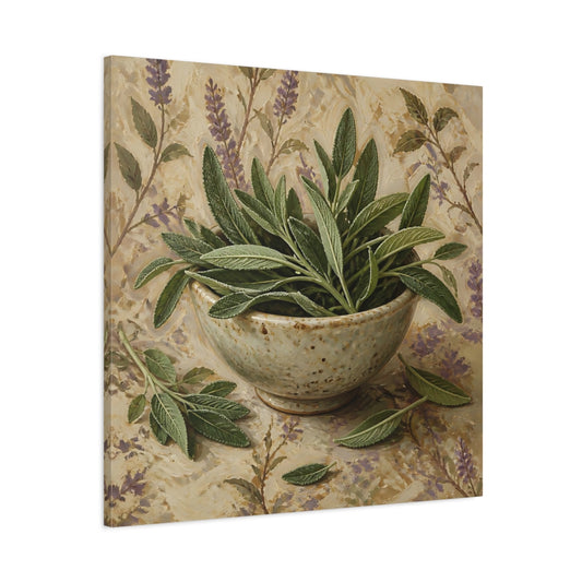 Main Mockup. Nature Sage Leaves Green Sage shown as stretched canvas wall art