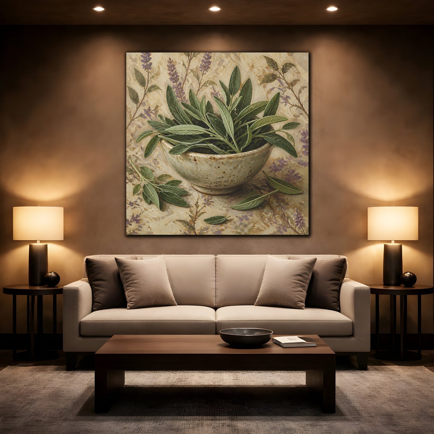 Mockup 2. Nature Sage Leaves Green Sage shown as stretched canvas wall art