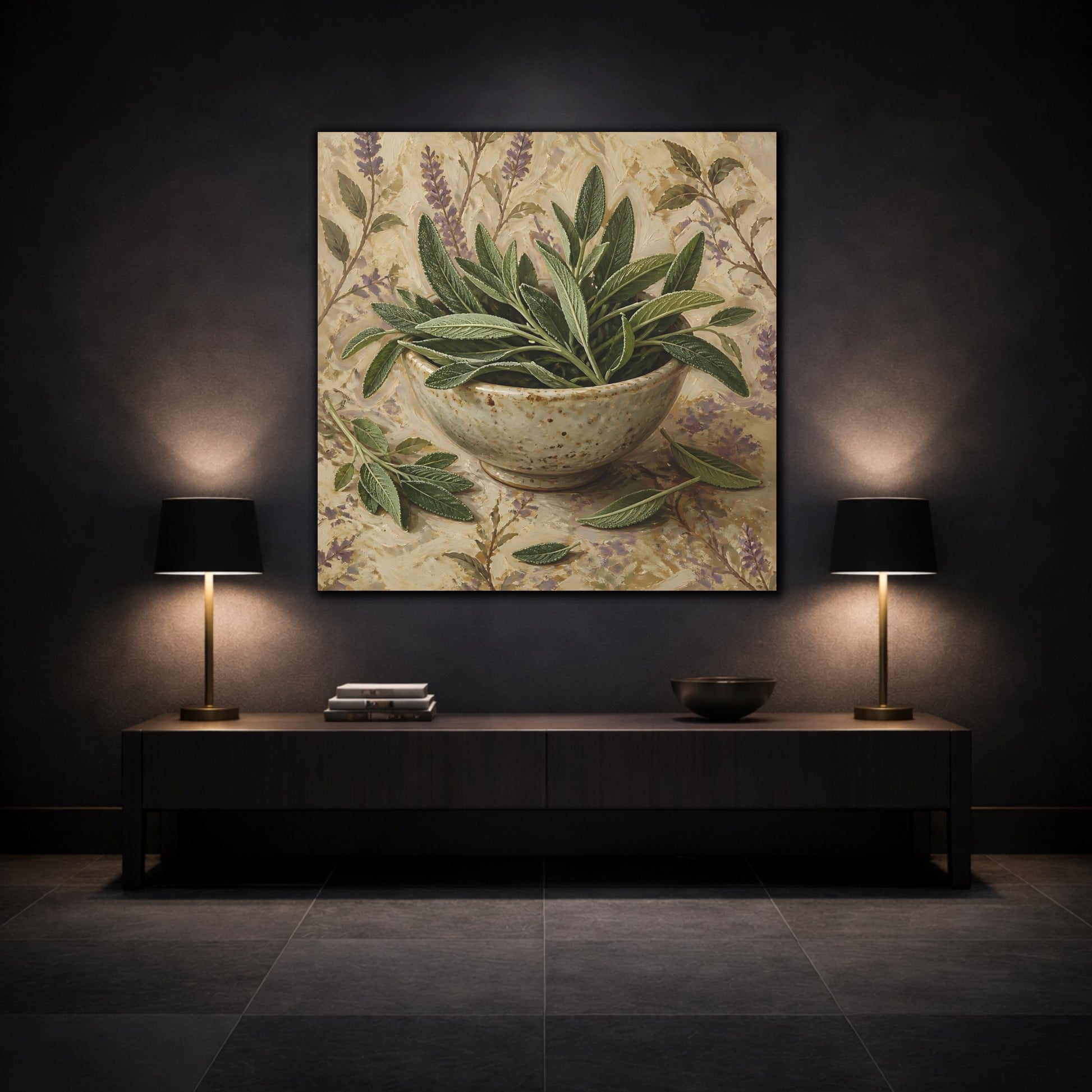 Mockup 3. Nature Sage Leaves Green Sage shown as stretched canvas wall art