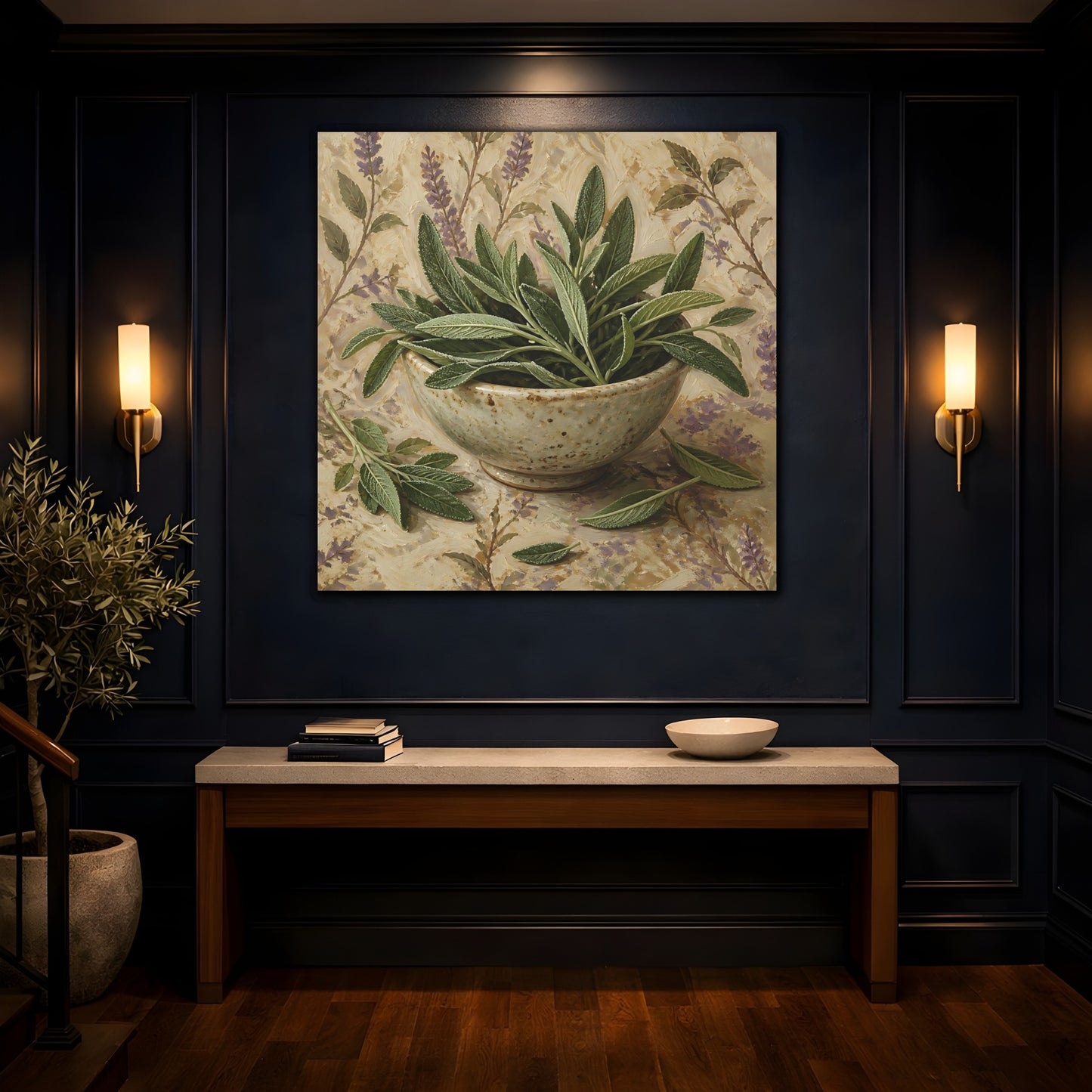 Mockup 4. Nature Sage Leaves Green Sage shown as stretched canvas wall art