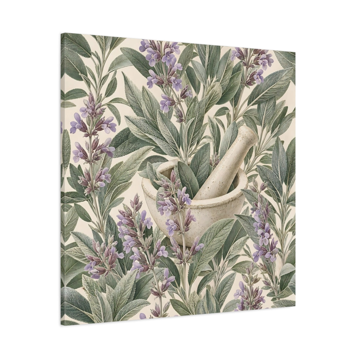 Side Mockup 1. Nature Sage Plant Green And Purple Sage shown as stretched canvas wall art