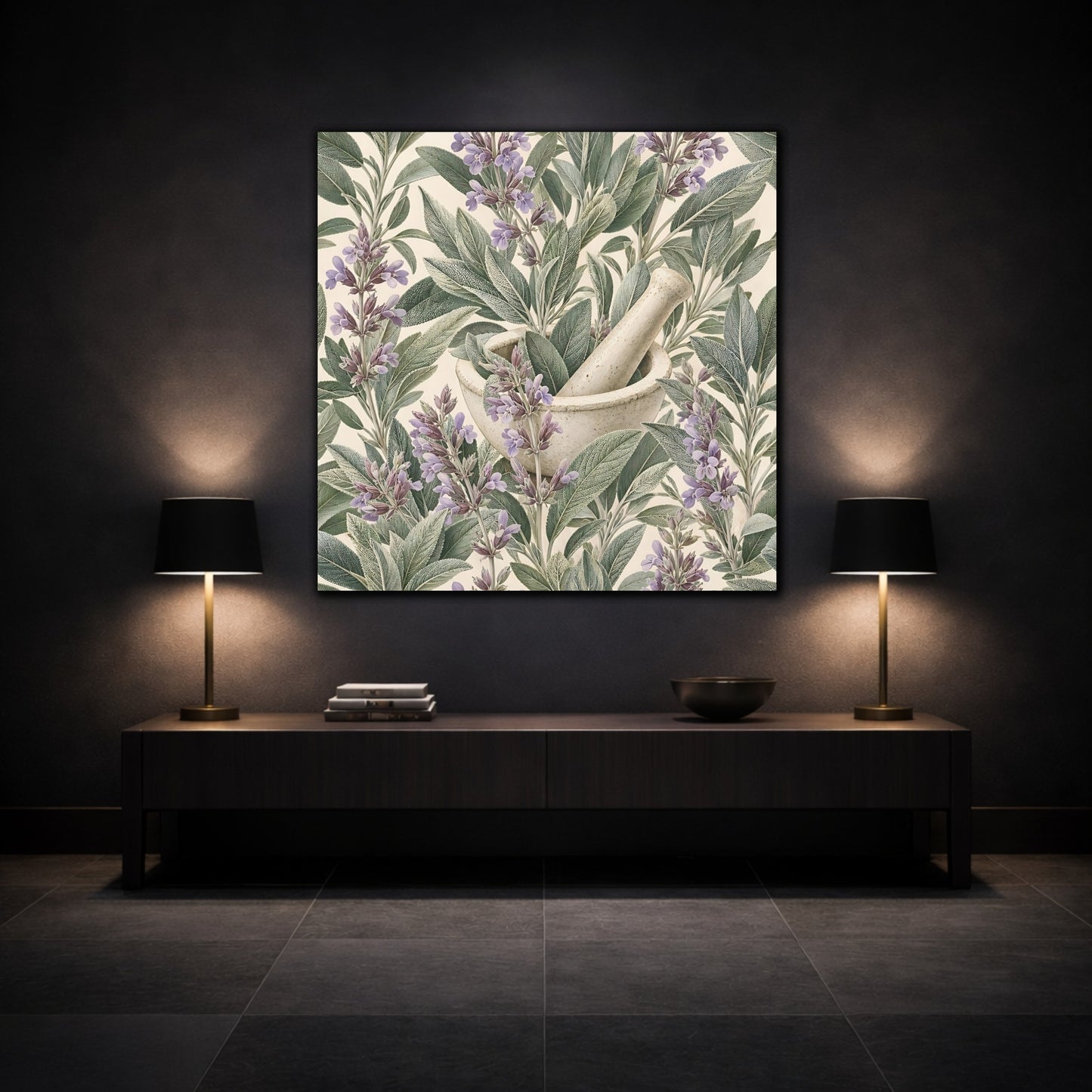 Mockup 3. Nature Sage Plant Green And Purple Sage shown as stretched canvas wall art