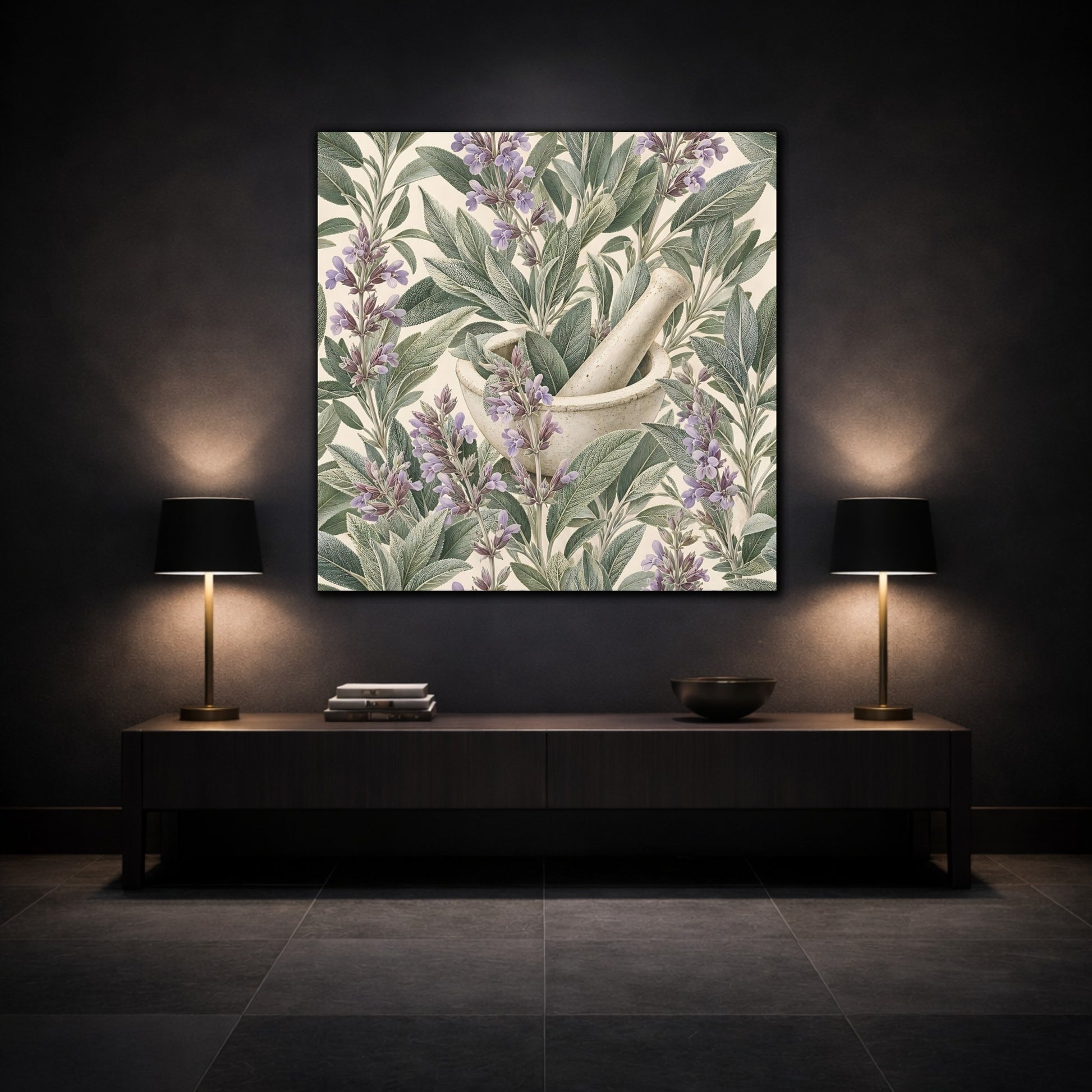 Mockup 3. Nature Sage Plant Green And Purple Sage shown as stretched canvas wall art