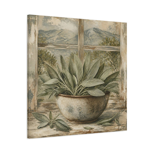 Main Mockup. Nature Sage Plant Green Plant Window shown as stretched canvas wall art