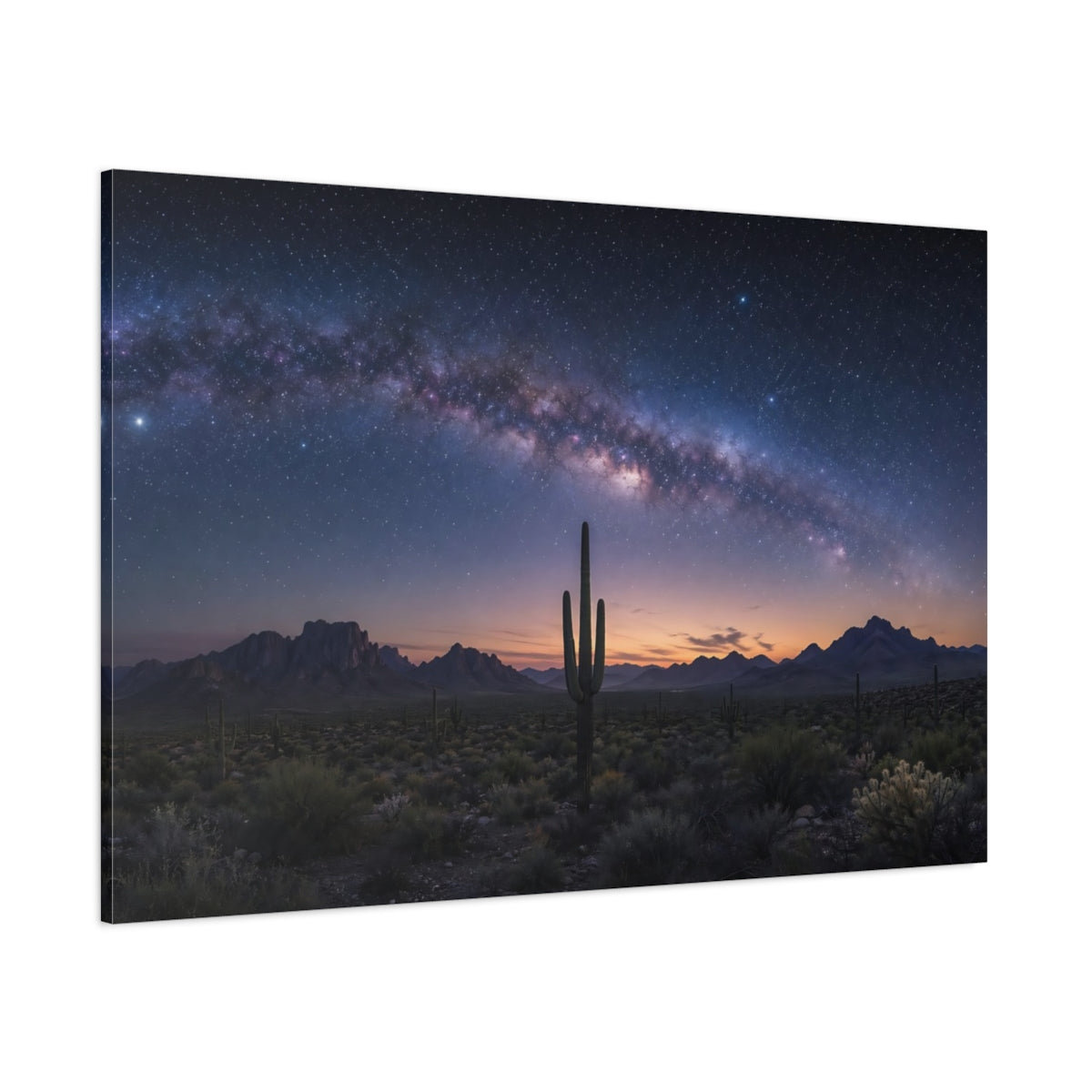 Side Mockup 1. Nature Saguaro Cactus Milky Way Desert shown as stretched canvas wall art