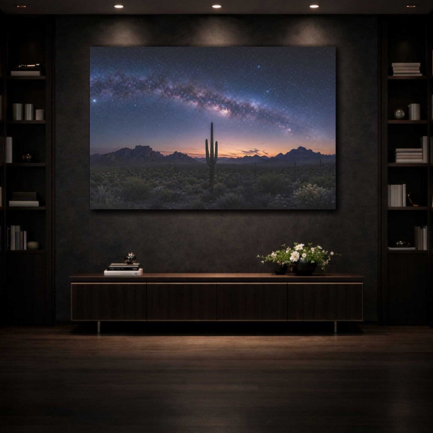 Mockup 3. Nature Saguaro Cactus Milky Way Desert shown as stretched canvas wall art