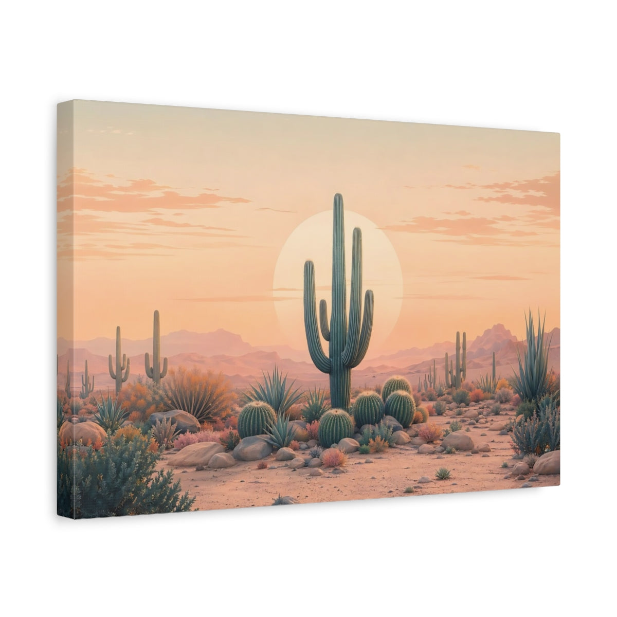 Side Mockup 4. Nature Saguaro Cactus Peach And Green Desert shown as stretched canvas wall art