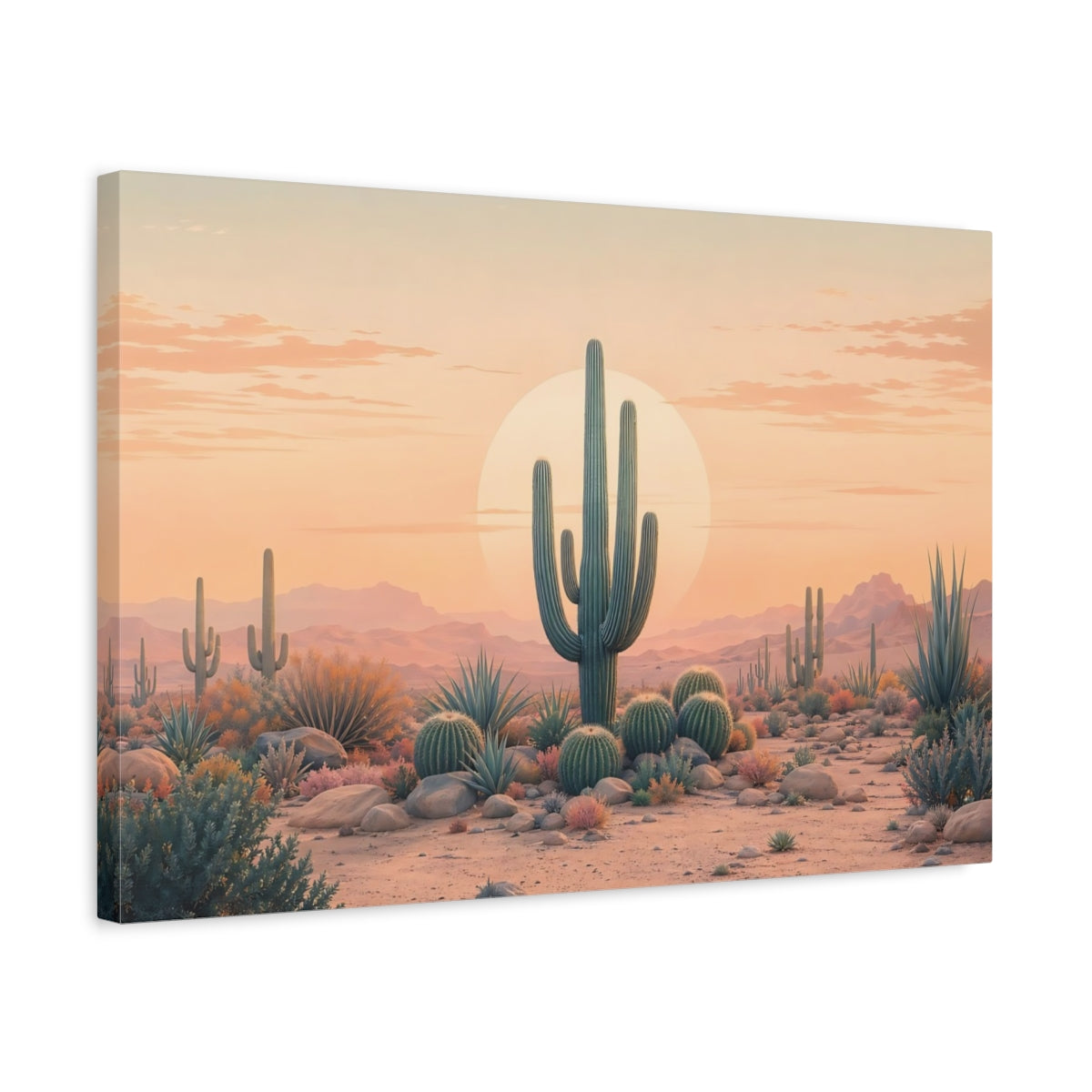 Side Mockup 3. Nature Saguaro Cactus Peach And Green Desert shown as stretched canvas wall art