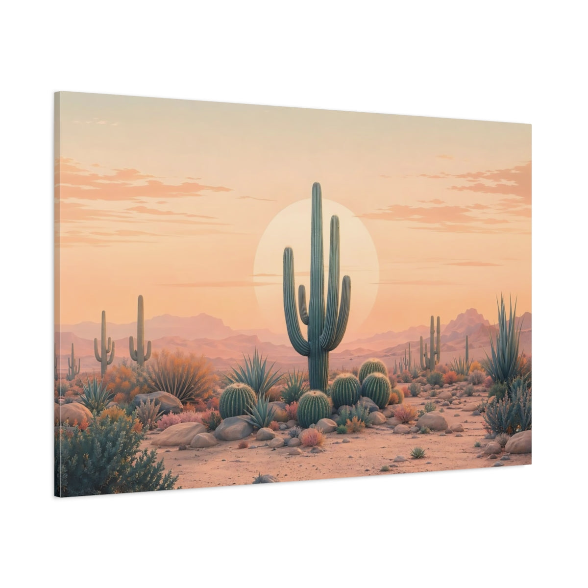 Side Mockup 1. Nature Saguaro Cactus Peach And Green Desert shown as stretched canvas wall art