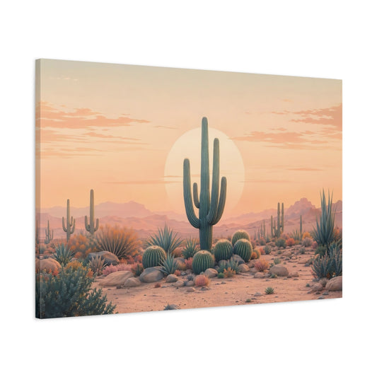Main Mockup. Nature Saguaro Cactus Peach And Green Desert shown as stretched canvas wall art