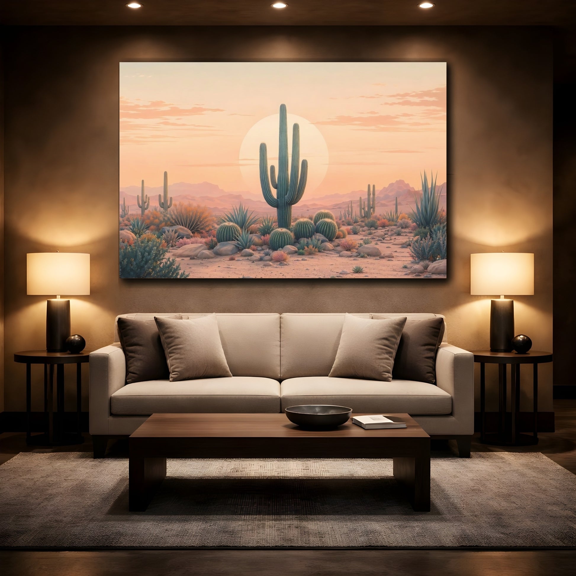 Mockup 2. Nature Saguaro Cactus Peach And Green Desert shown as stretched canvas wall art