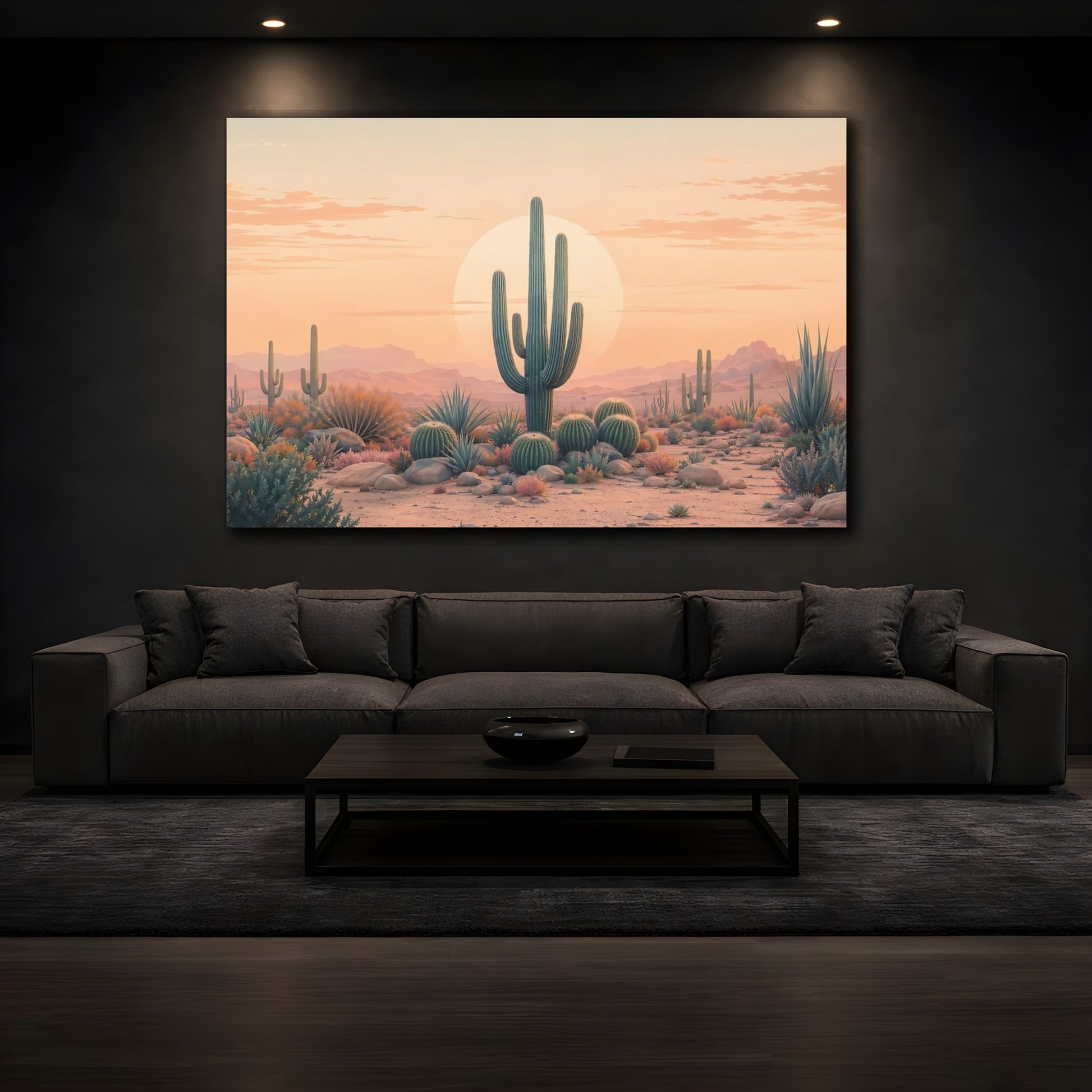 Mockup 3. Nature Saguaro Cactus Peach And Green Desert shown as stretched canvas wall art
