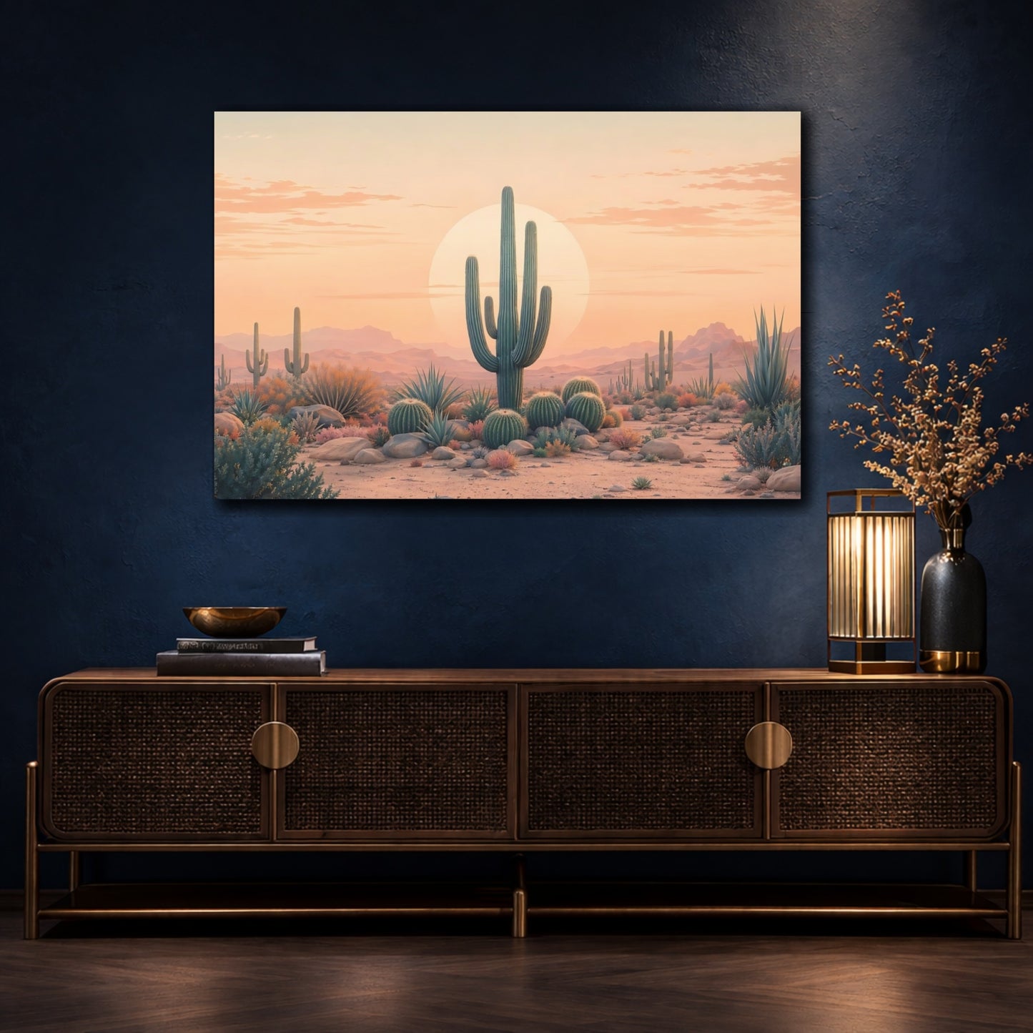 Mockup 4. Nature Saguaro Cactus Peach And Green Desert shown as stretched canvas wall art
