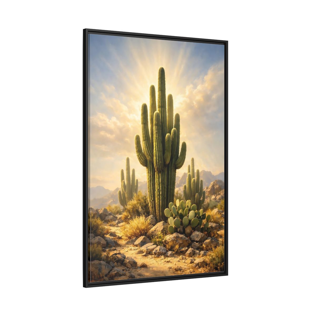 Main Mockup. Nature Saguaro Cactus Warm Desert Landscape shown as stretched canvas wall art