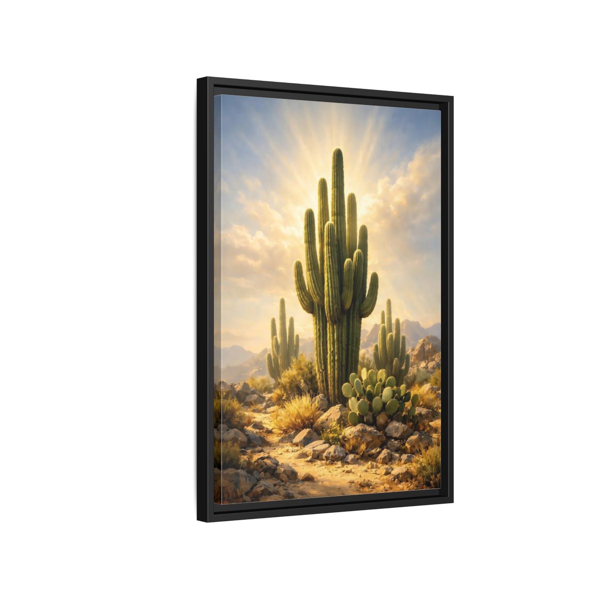 Side Mockup 3. Nature Saguaro Cactus Warm Desert Landscape shown as stretched canvas wall art