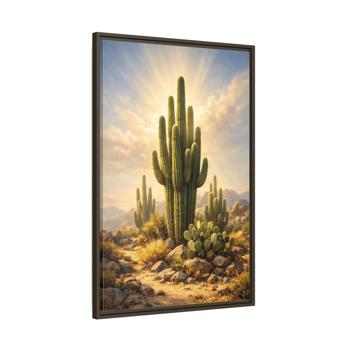 Side Mockup 10. Nature Saguaro Cactus Warm Desert Landscape shown as stretched canvas wall art