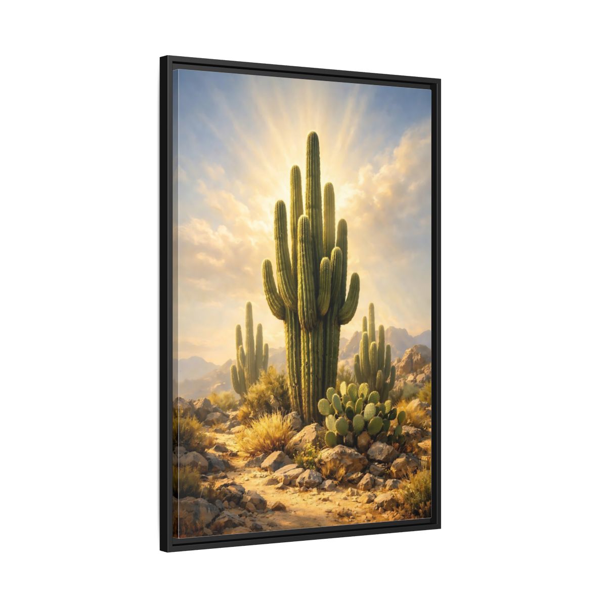 Side Mockup 13. Nature Saguaro Cactus Warm Desert Landscape shown as stretched canvas wall art