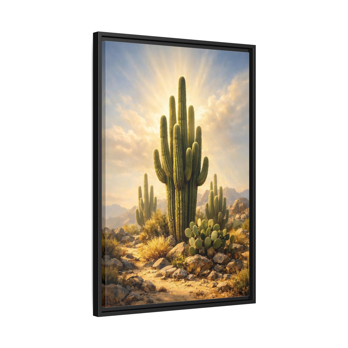 Side Mockup 14. Nature Saguaro Cactus Warm Desert Landscape shown as stretched canvas wall art