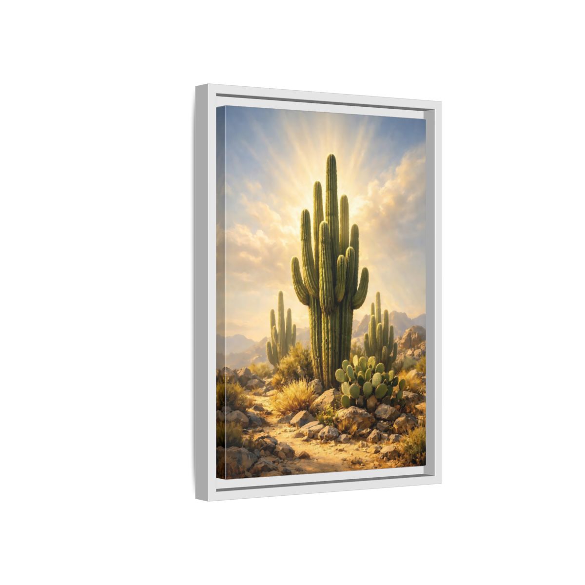 Side Mockup 4. Nature Saguaro Cactus Warm Desert Landscape shown as stretched canvas wall art