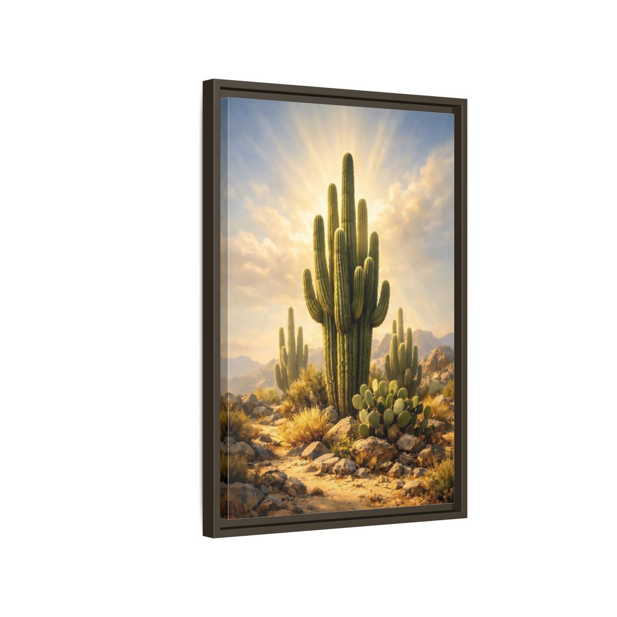 Side Mockup 2. Nature Saguaro Cactus Warm Desert Landscape shown as stretched canvas wall art
