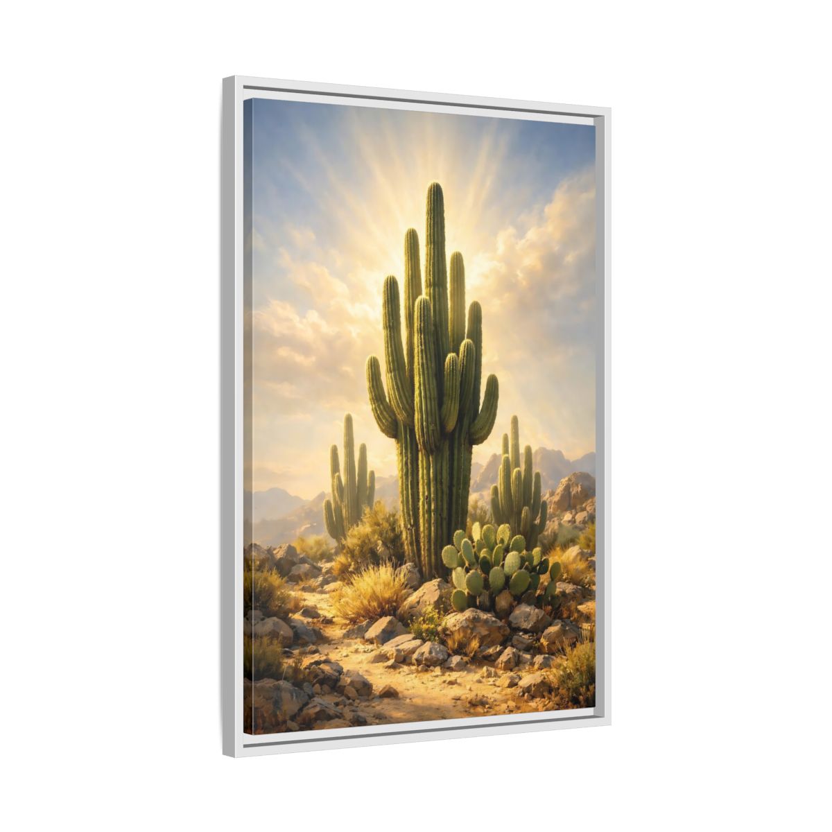 Side Mockup 11. Nature Saguaro Cactus Warm Desert Landscape shown as stretched canvas wall art