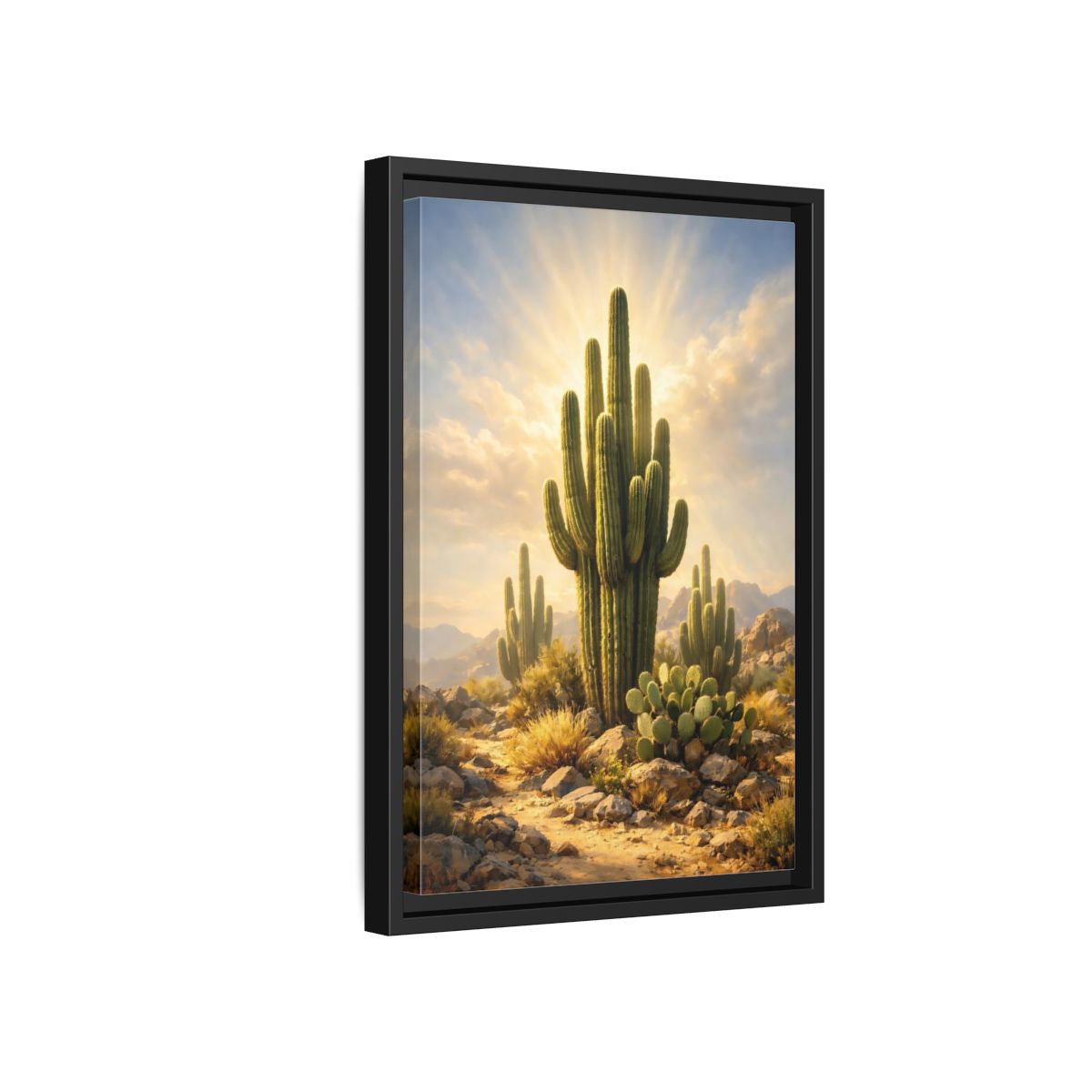 Side Mockup 6. Nature Saguaro Cactus Warm Desert Landscape shown as stretched canvas wall art