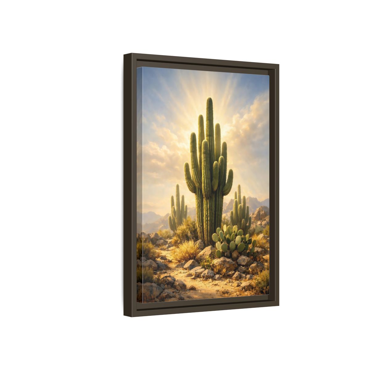 Side Mockup 5. Nature Saguaro Cactus Warm Desert Landscape shown as stretched canvas wall art