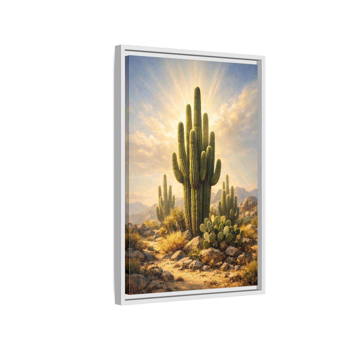 Side Mockup 1. Nature Saguaro Cactus Warm Desert Landscape shown as stretched canvas wall art