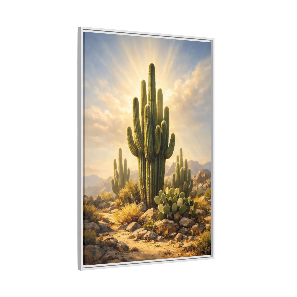 Side Mockup 7. Nature Saguaro Cactus Warm Desert Landscape shown as stretched canvas wall art