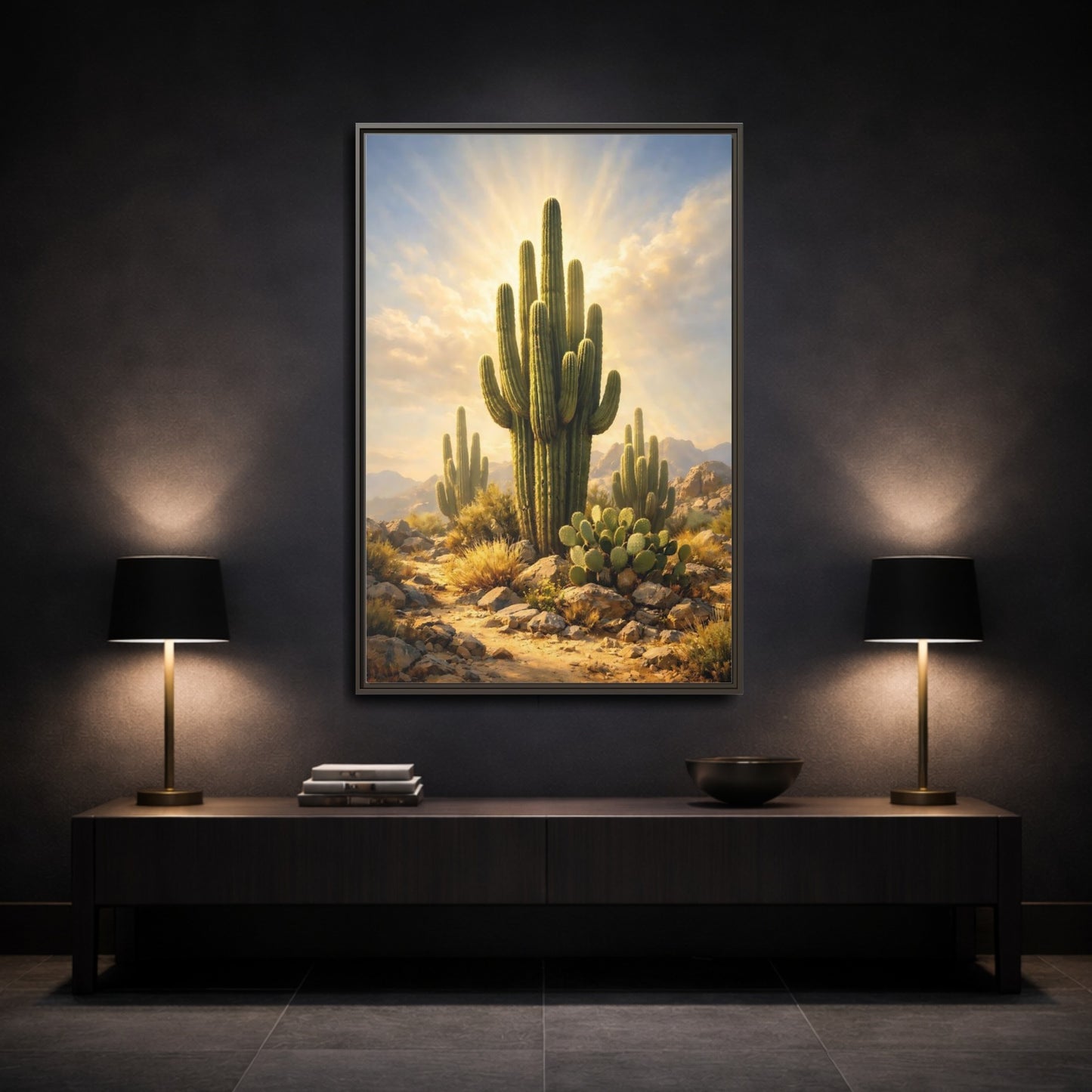 Mockup 2. Nature Saguaro Cactus Warm Desert Landscape shown as stretched canvas wall art