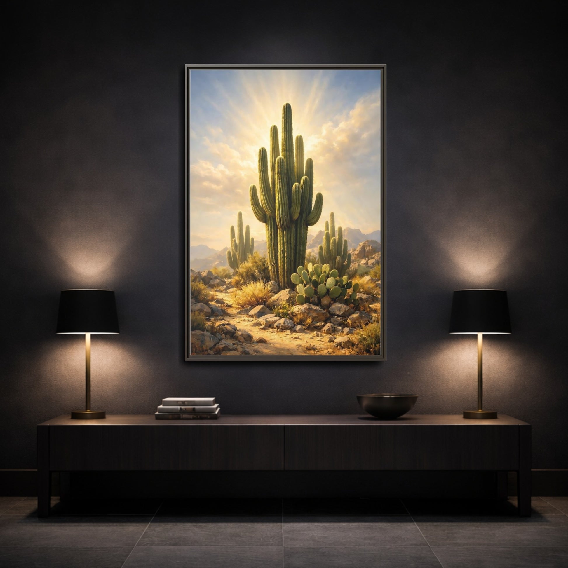 Mockup 2. Nature Saguaro Cactus Warm Desert Landscape shown as stretched canvas wall art