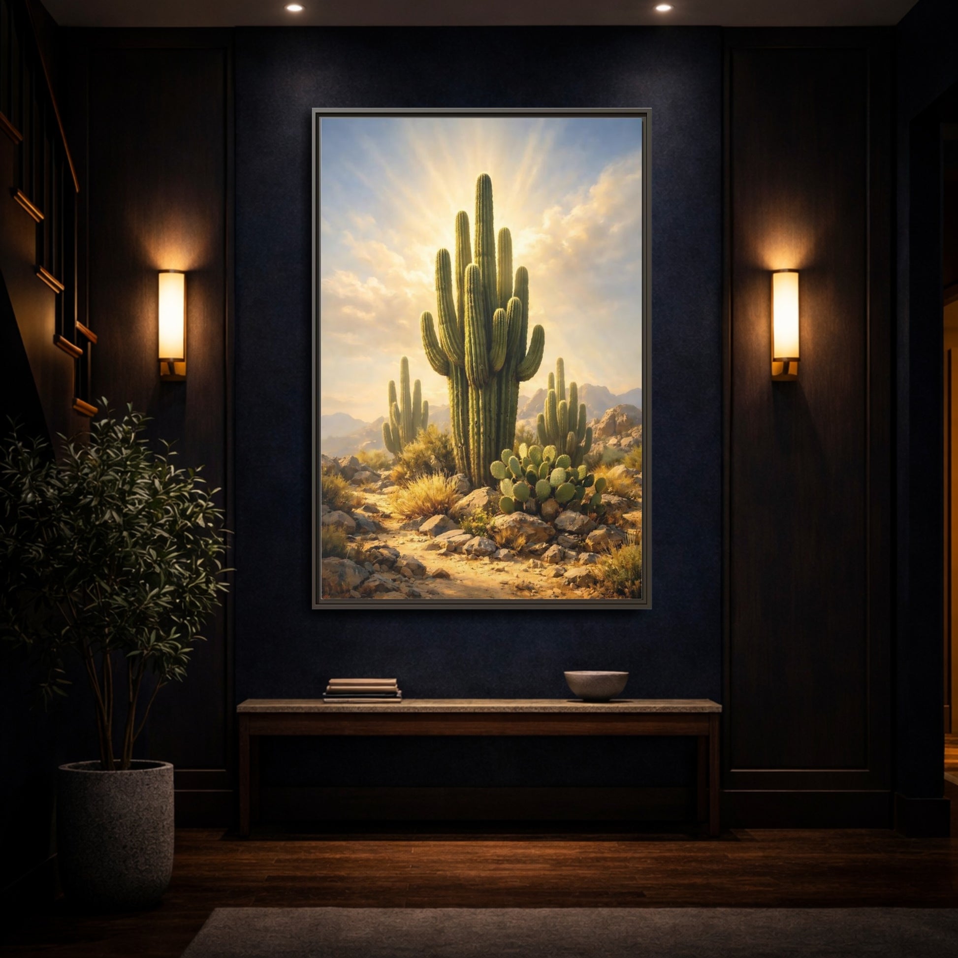 Mockup 3. Nature Saguaro Cactus Warm Desert Landscape shown as stretched canvas wall art