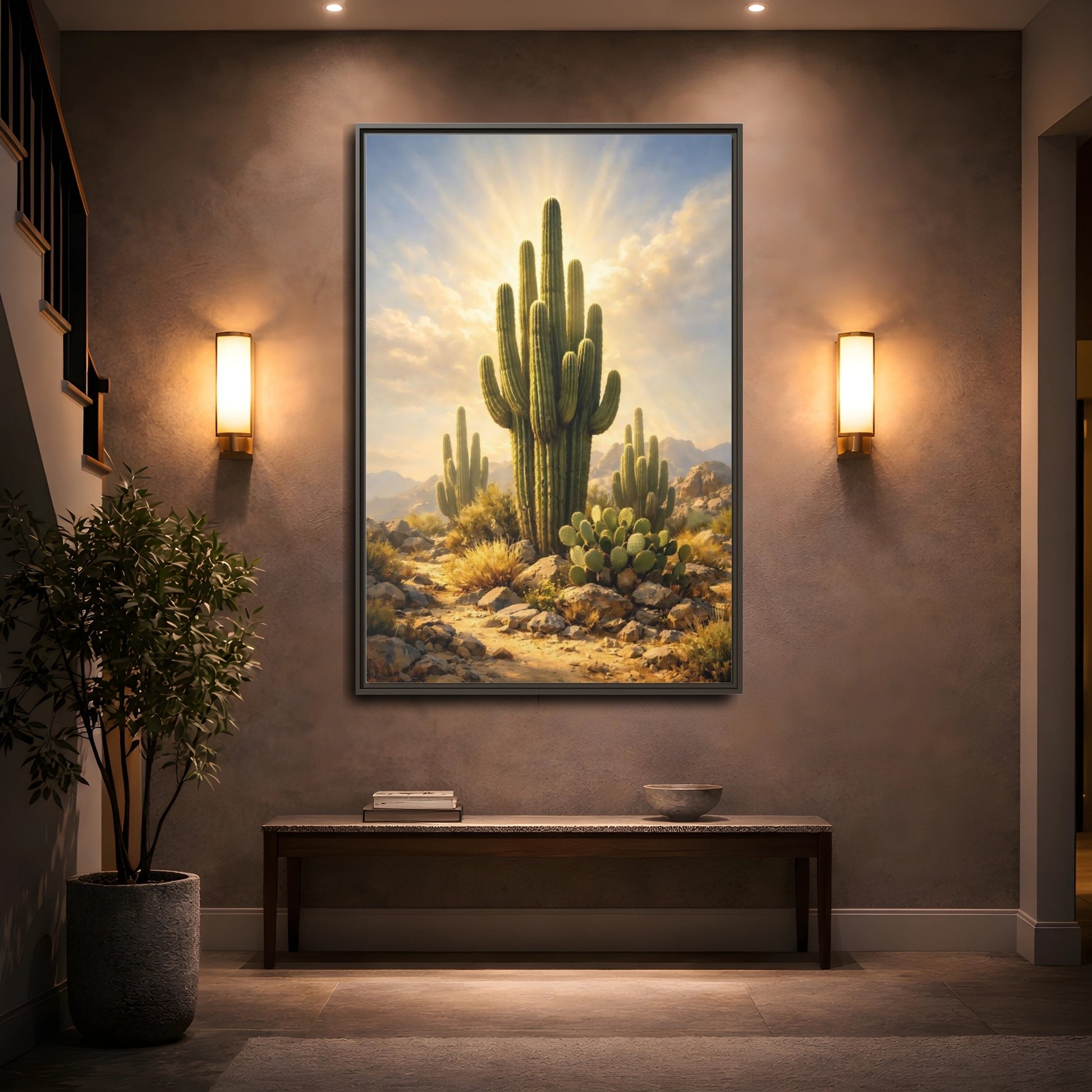 Mockup 4. Nature Saguaro Cactus Warm Desert Landscape shown as stretched canvas wall art