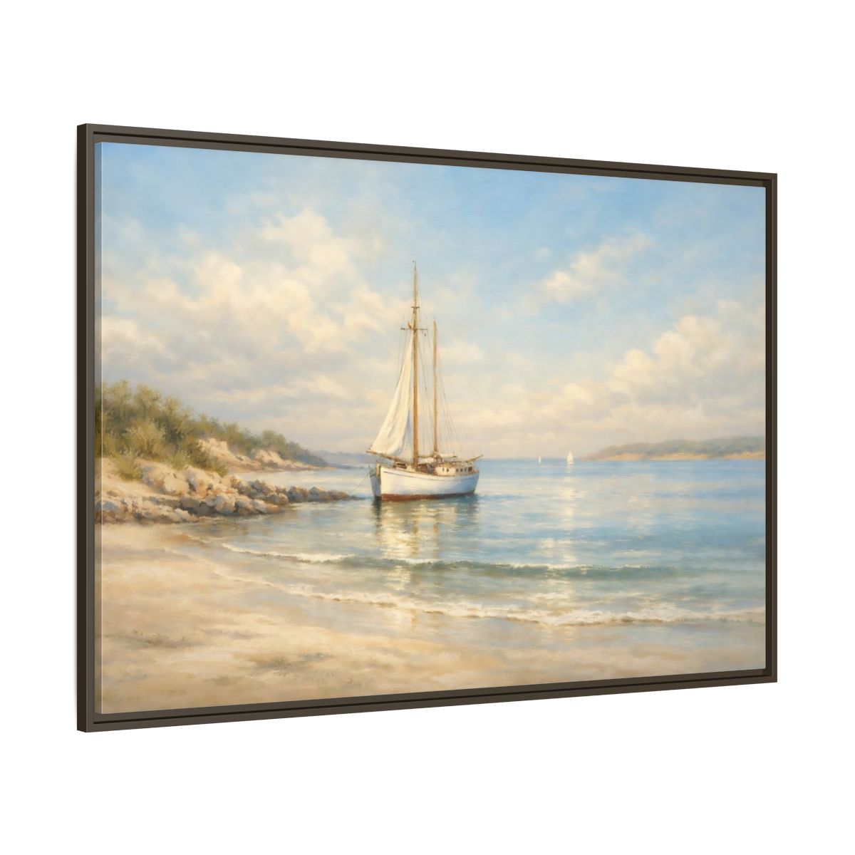 Main Mockup. Nature Sailboat Blue And Beige Seascape shown as stretched canvas wall art