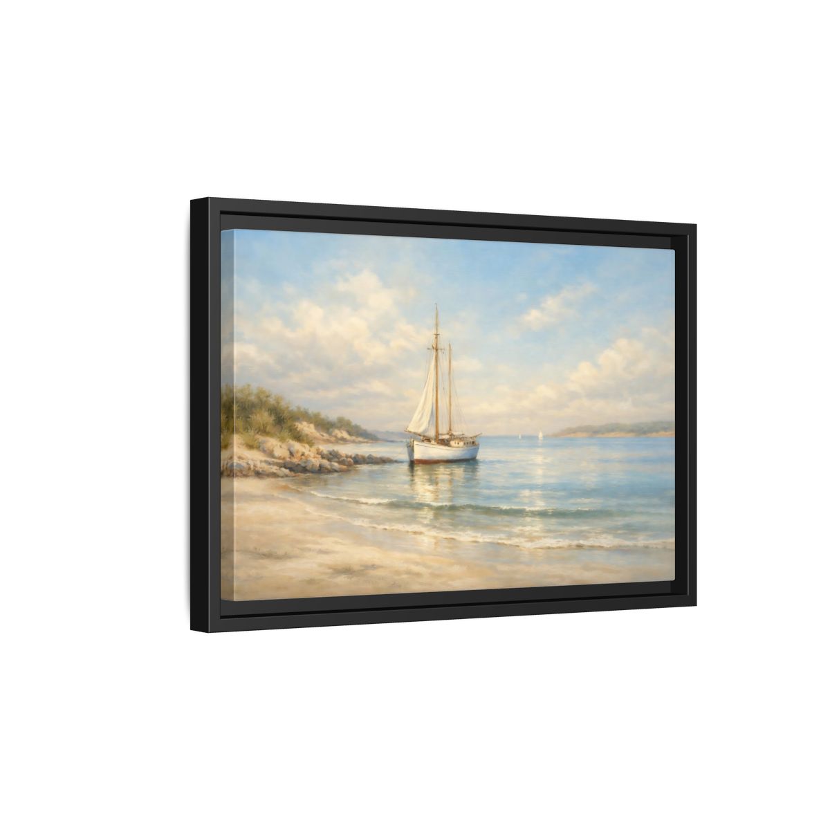 Side Mockup 6. Nature Sailboat Blue And Beige Seascape shown as stretched canvas wall art