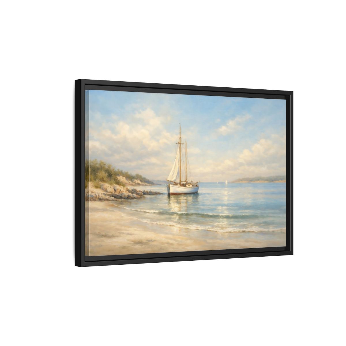 Side Mockup 3. Nature Sailboat Blue And Beige Seascape shown as stretched canvas wall art