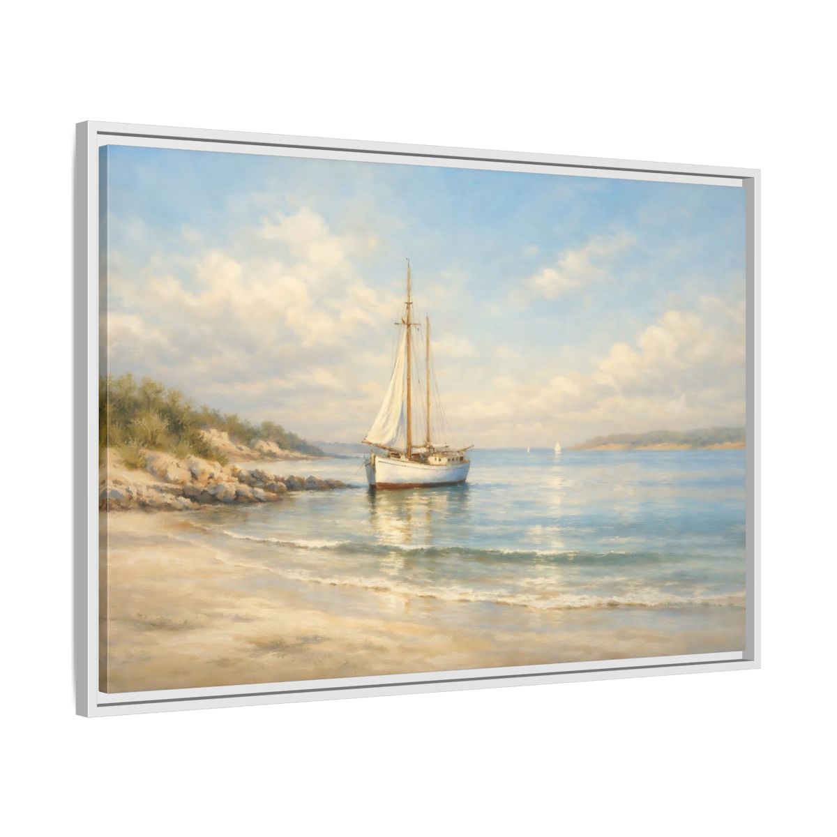Side Mockup 8. Nature Sailboat Blue And Beige Seascape shown as stretched canvas wall art
