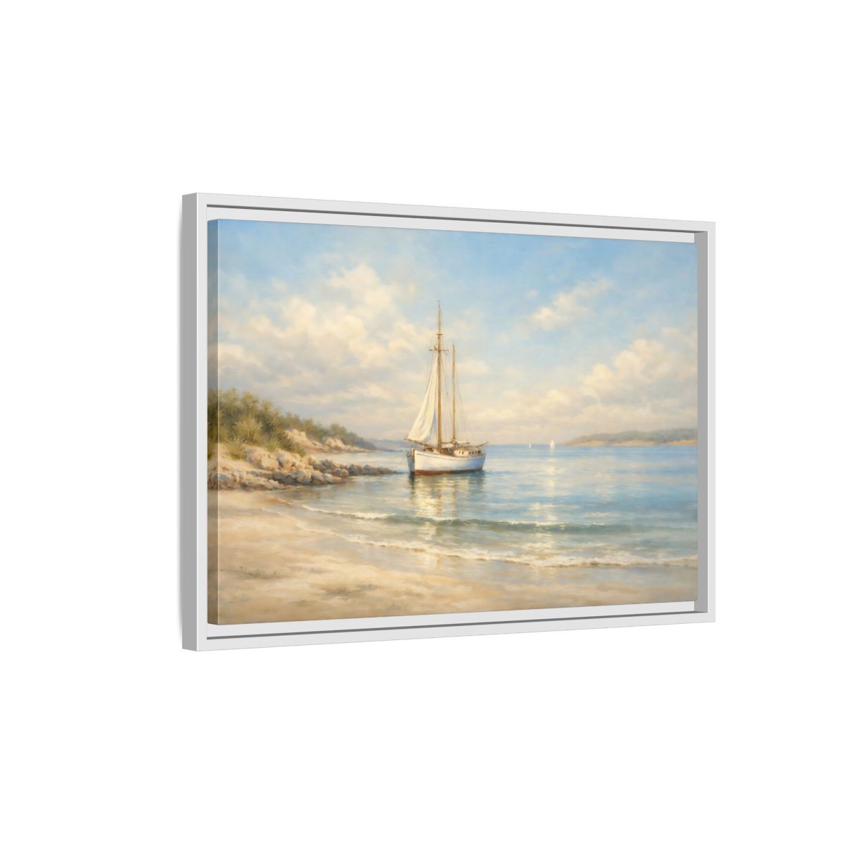Side Mockup 1. Nature Sailboat Blue And Beige Seascape shown as stretched canvas wall art