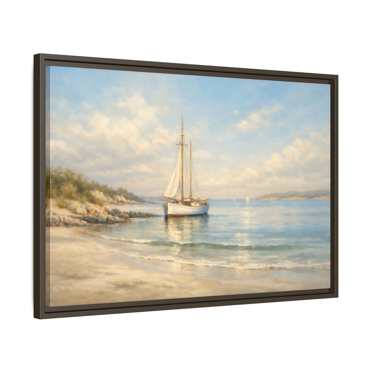 Side Mockup 11. Nature Sailboat Blue And Beige Seascape shown as stretched canvas wall art