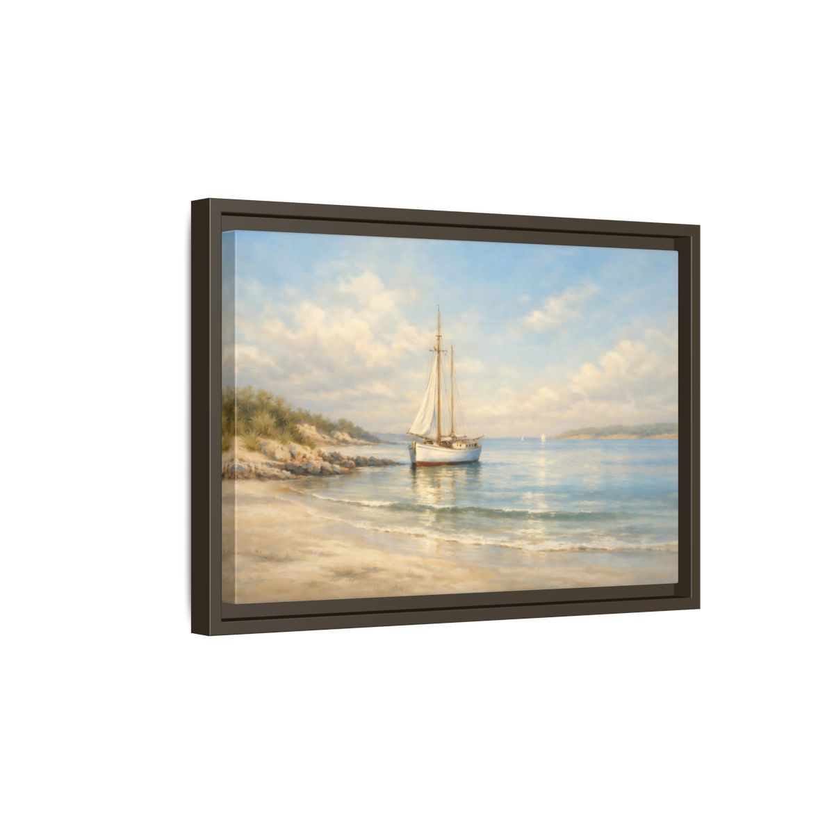 Side Mockup 5. Nature Sailboat Blue And Beige Seascape shown as stretched canvas wall art