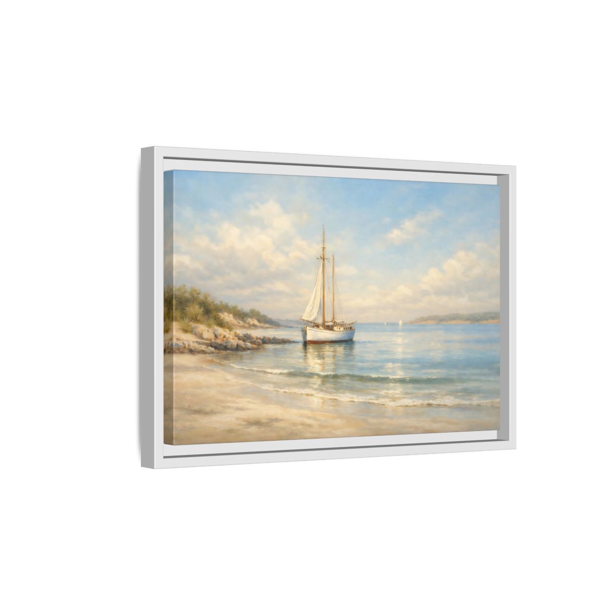 Side Mockup 4. Nature Sailboat Blue And Beige Seascape shown as stretched canvas wall art