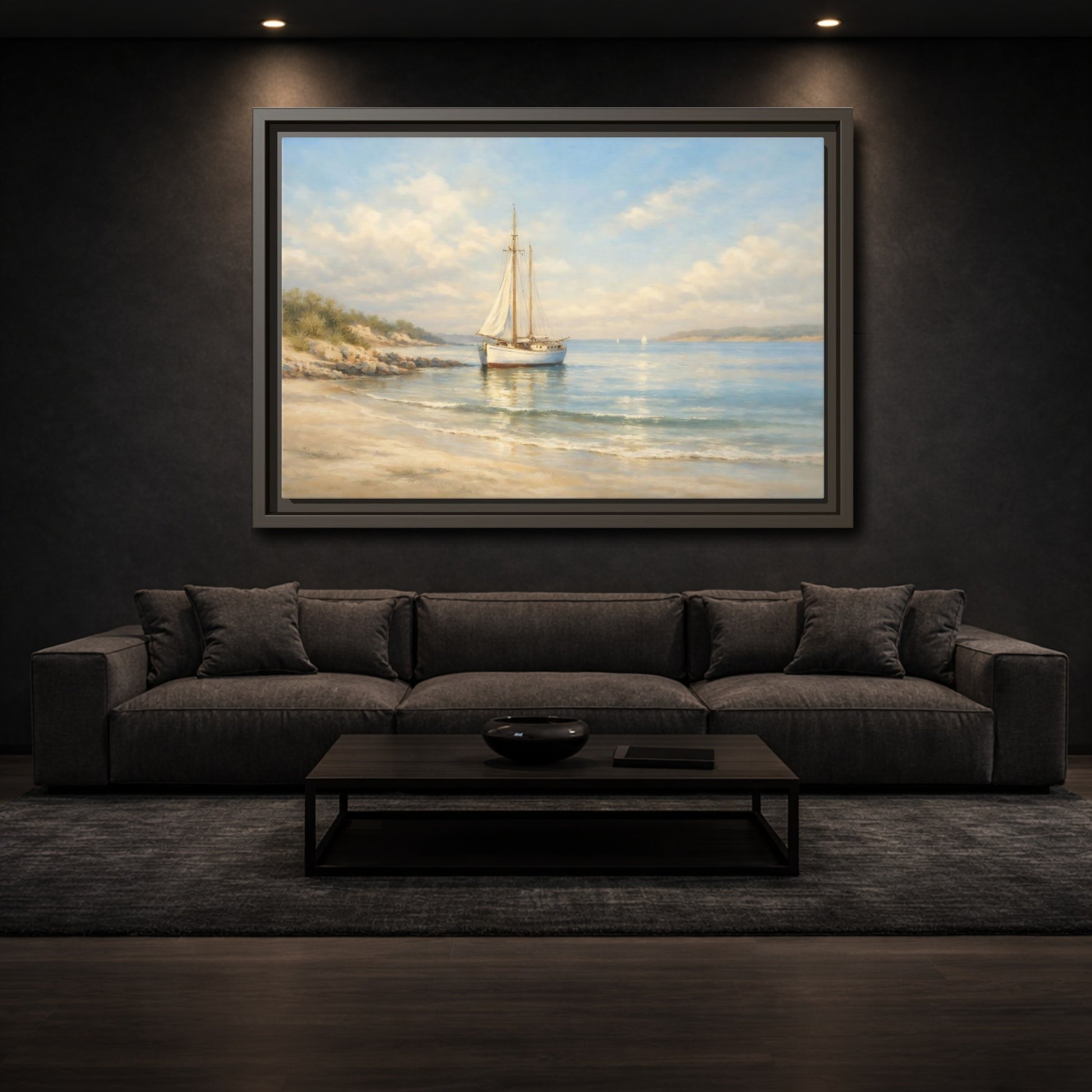 Mockup 2. Nature Sailboat Blue And Beige Seascape shown as stretched canvas wall art