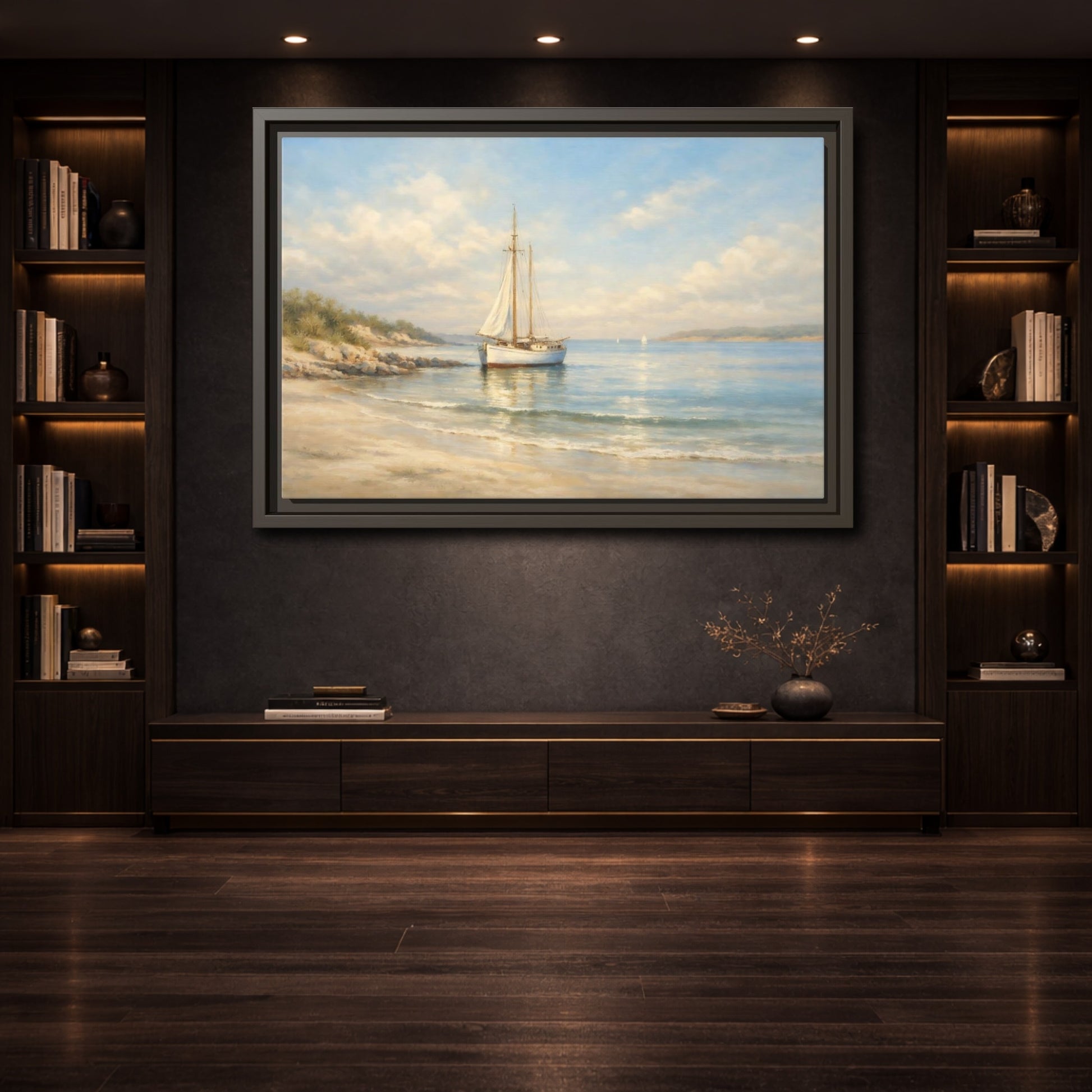 Mockup 3. Nature Sailboat Blue And Beige Seascape shown as stretched canvas wall art