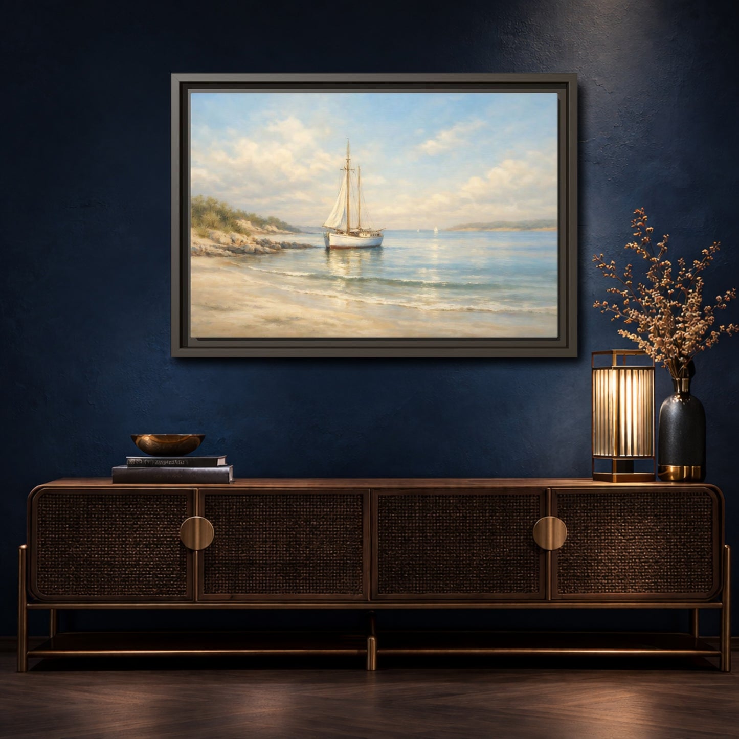 Mockup 4. Nature Sailboat Blue And Beige Seascape shown as stretched canvas wall art