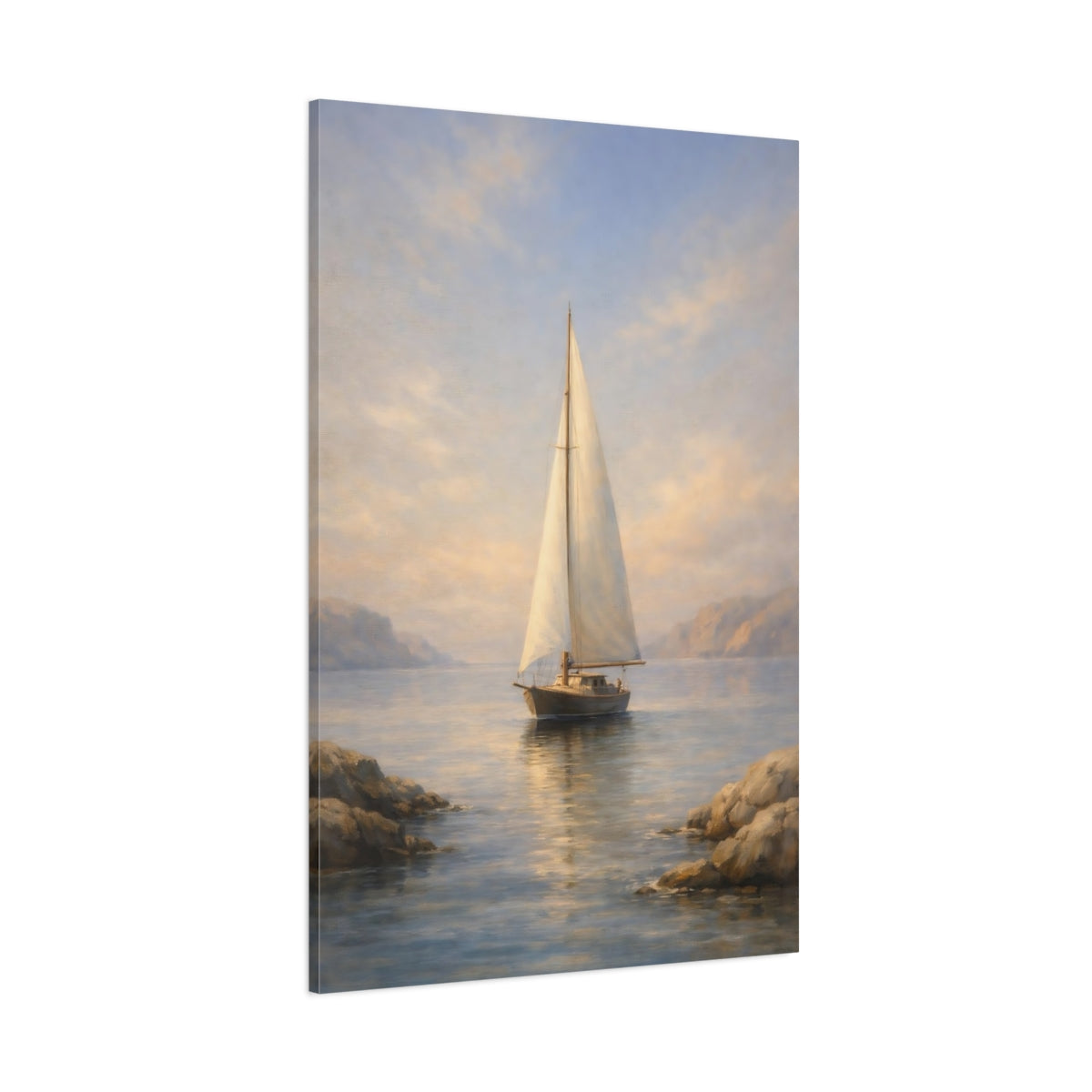 Main Mockup. Nature Sailboat Blue And Gold shown as stretched canvas wall art
